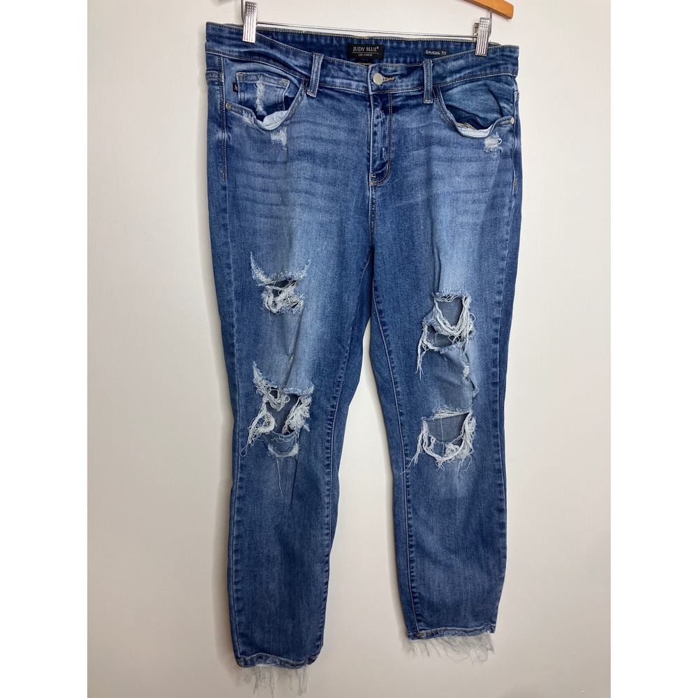 Judy Blue Boyfriend Jeans Womens 13/31 Blue Excellent Distressed Frayed Hem
